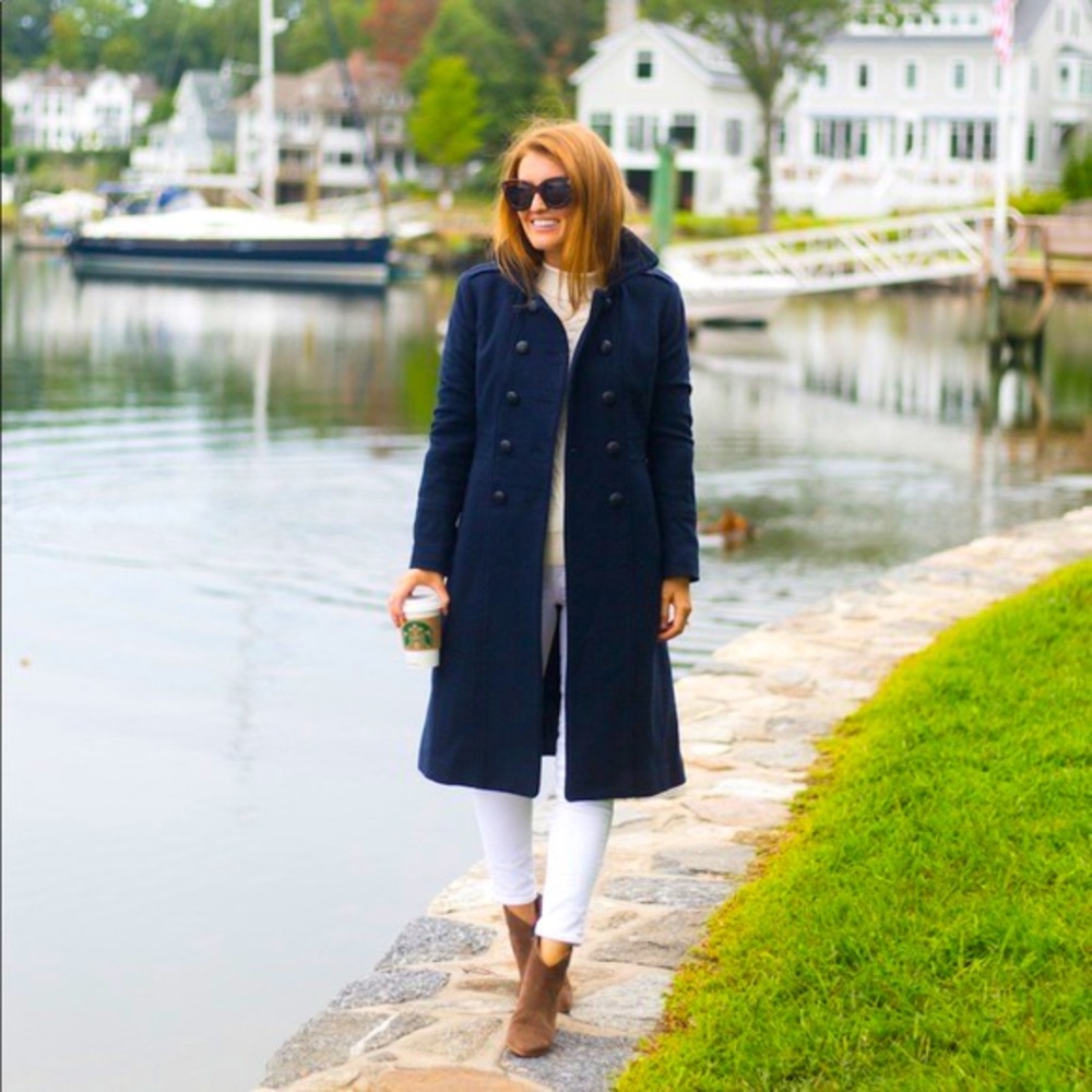 Banana Republic Navy Blue Italian Melton Wool Military Knee Length Coat, size 2